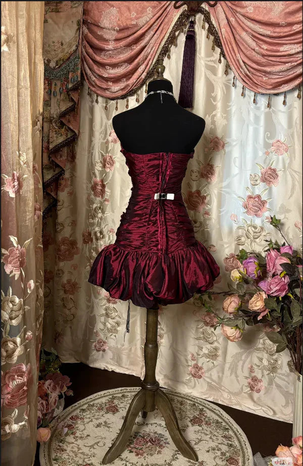 Burgundy Strapless A-Line Satin Beaded Vintage Short Party Dresses, D1259