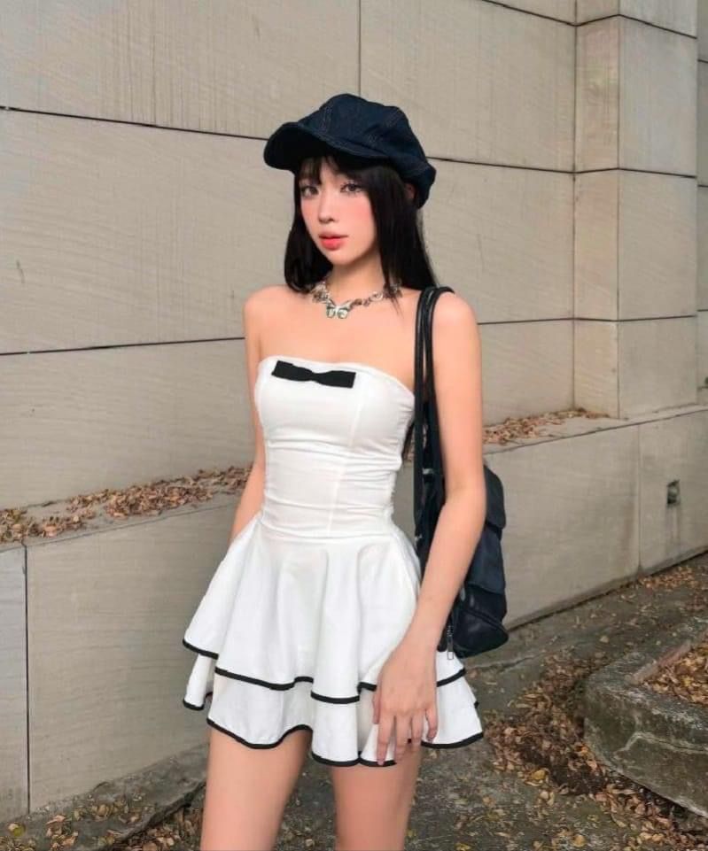 White cute tube top waist slim fit A-line short skirt homecoming dress R4054