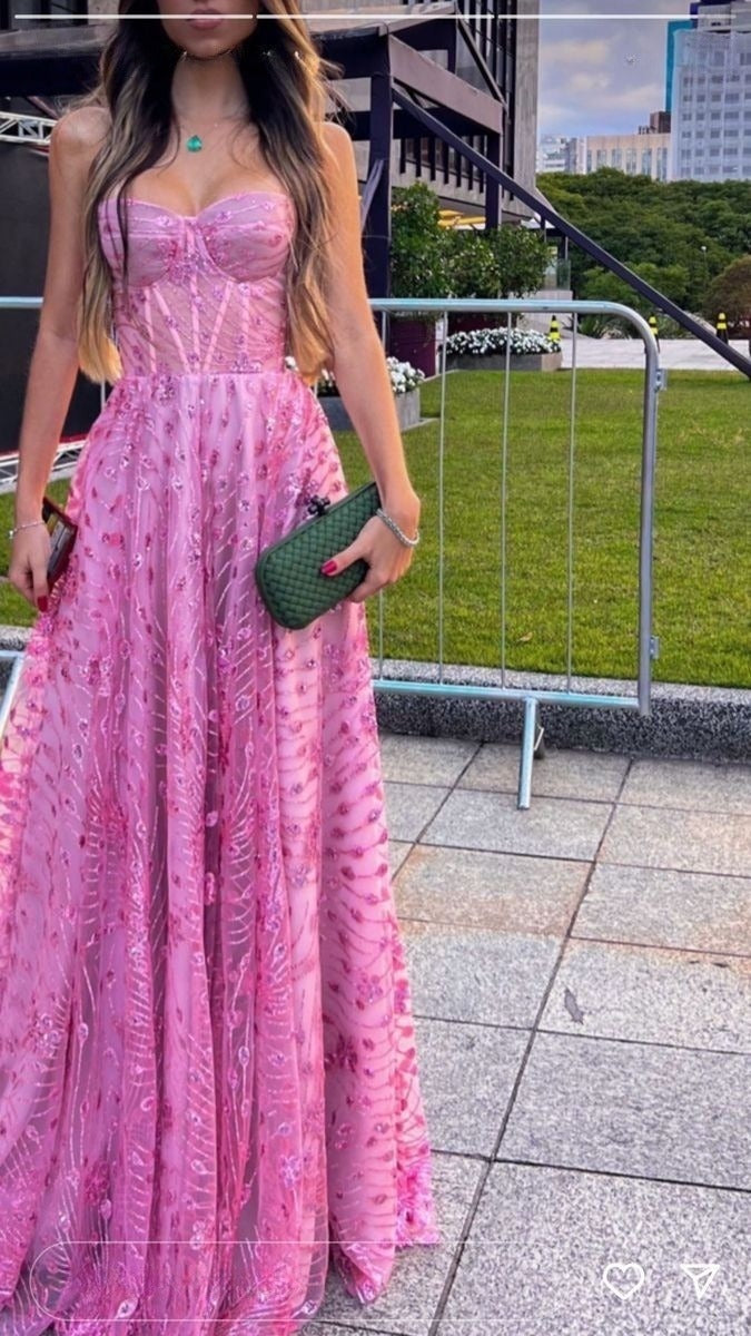 Pink Sweetheart Neck A-Line Lace Sequins Long Party Dress Formal Prom Dress, D508