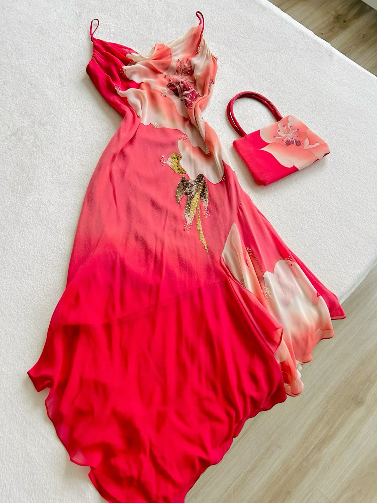 Red Spaghetti Straps Floral Chiffon Vintage Long Evening Party Dress, D576