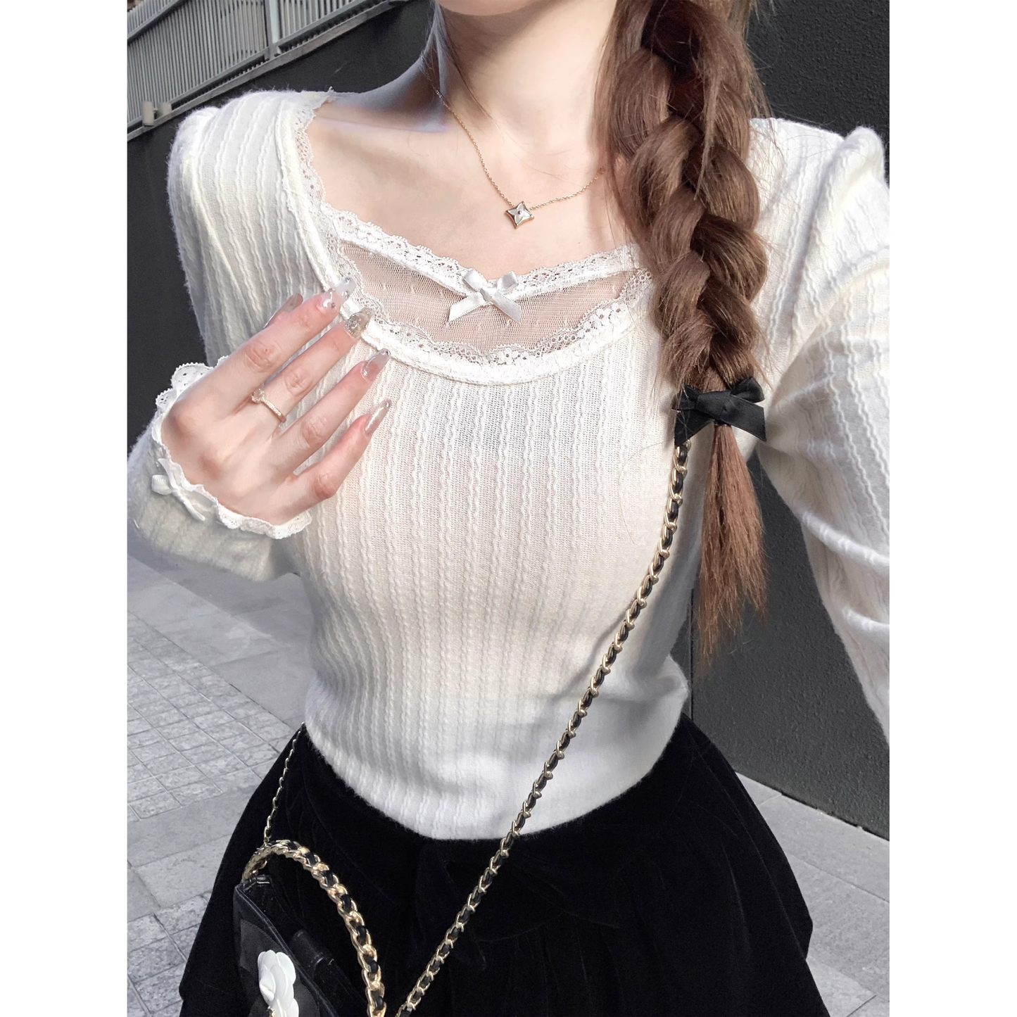 French-style lace base layer top for women slim fit A45