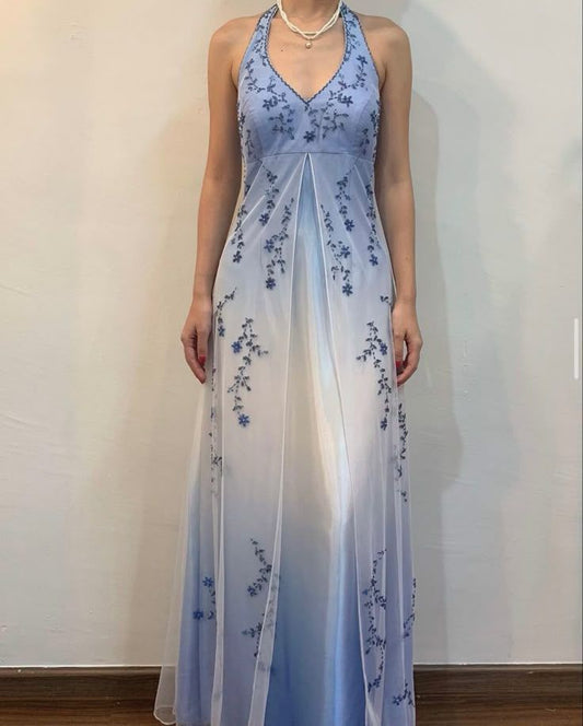 Ombre Halter Neck A-Line Beading Long Prom Dress Vintage Party Dress, D680