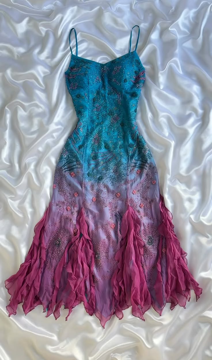 Ombre Spaghetti Straps Ruffles Beading Sheath Long Evening Party Dress, D686
