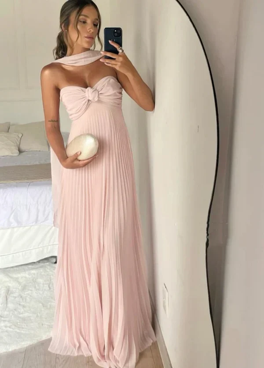 Pretty Pink A-Line Strapless Chiffon Long Party Dress Wedding Guest Dress, D689