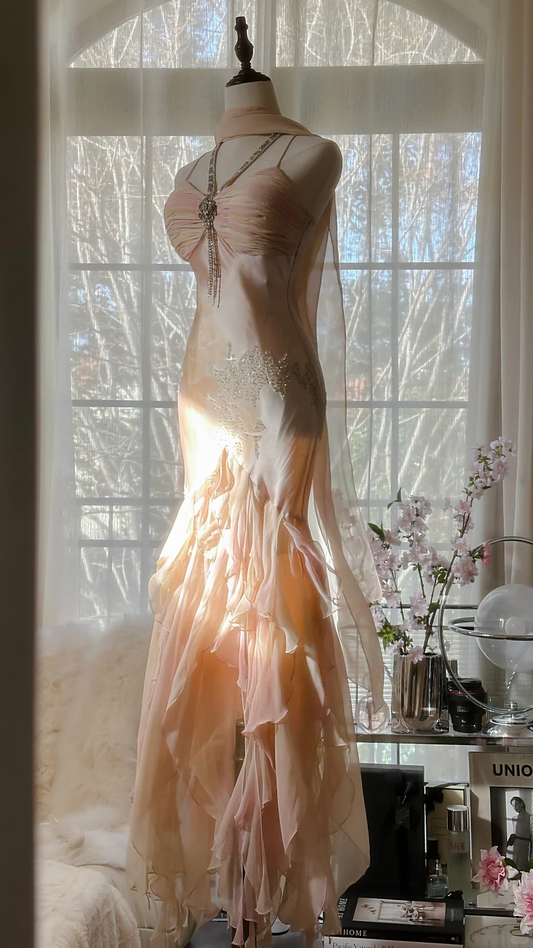 Light Pink Straps Mermaid Tiered Beaing Vintage Long Party Dress Evening Gown, D732