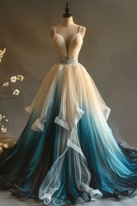 Retro Ombre Spaghetti Straps A-Line Chiffon Long Party Dress Evening Gown, D787