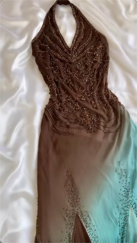 Ombre Halter Neck Sheath Beading Vinatge Long Party Dress Evening Dresses, D889