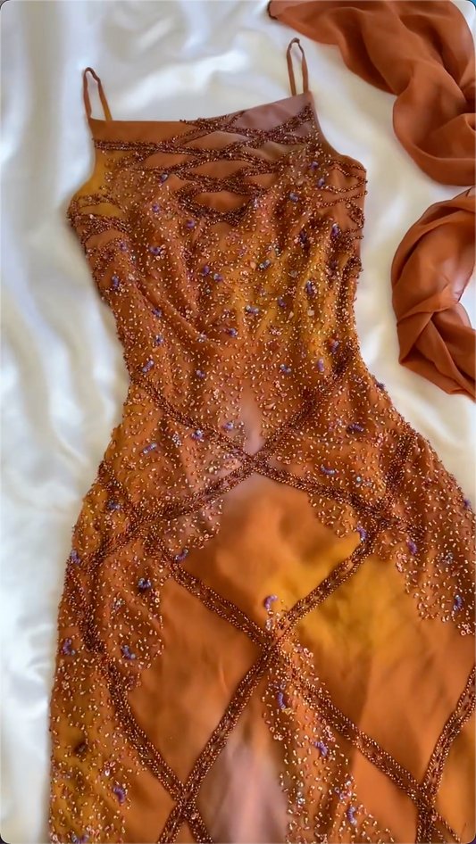 Orange Straps Sheath Beading Vinatge Long Party Dress Evening Dresses, D890