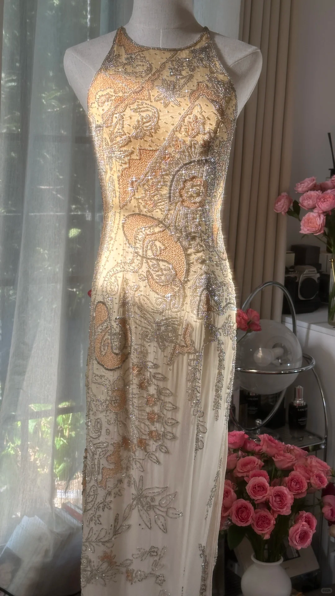 Retro Golden Sparkling Beaded Halter Dress Elegant Chiffon Evening Dress Prom Dresses D1493