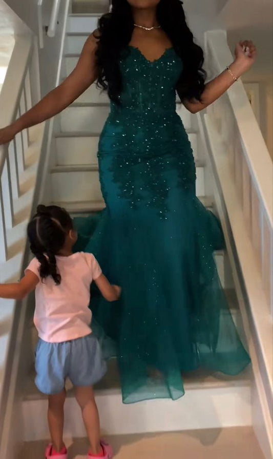Dark Green Mermaid Tulle Lace Prom Dresses Winter Prom Gowns