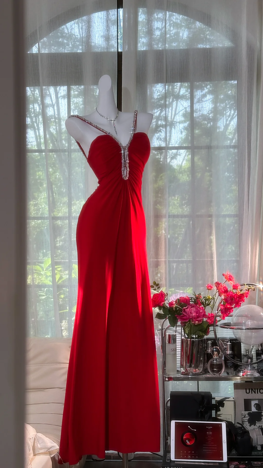 Retro Burgundy Sparkling Sequin Spaghetti Strap Romantic Sweetheart Evening Dress Prom Dresses, D1459