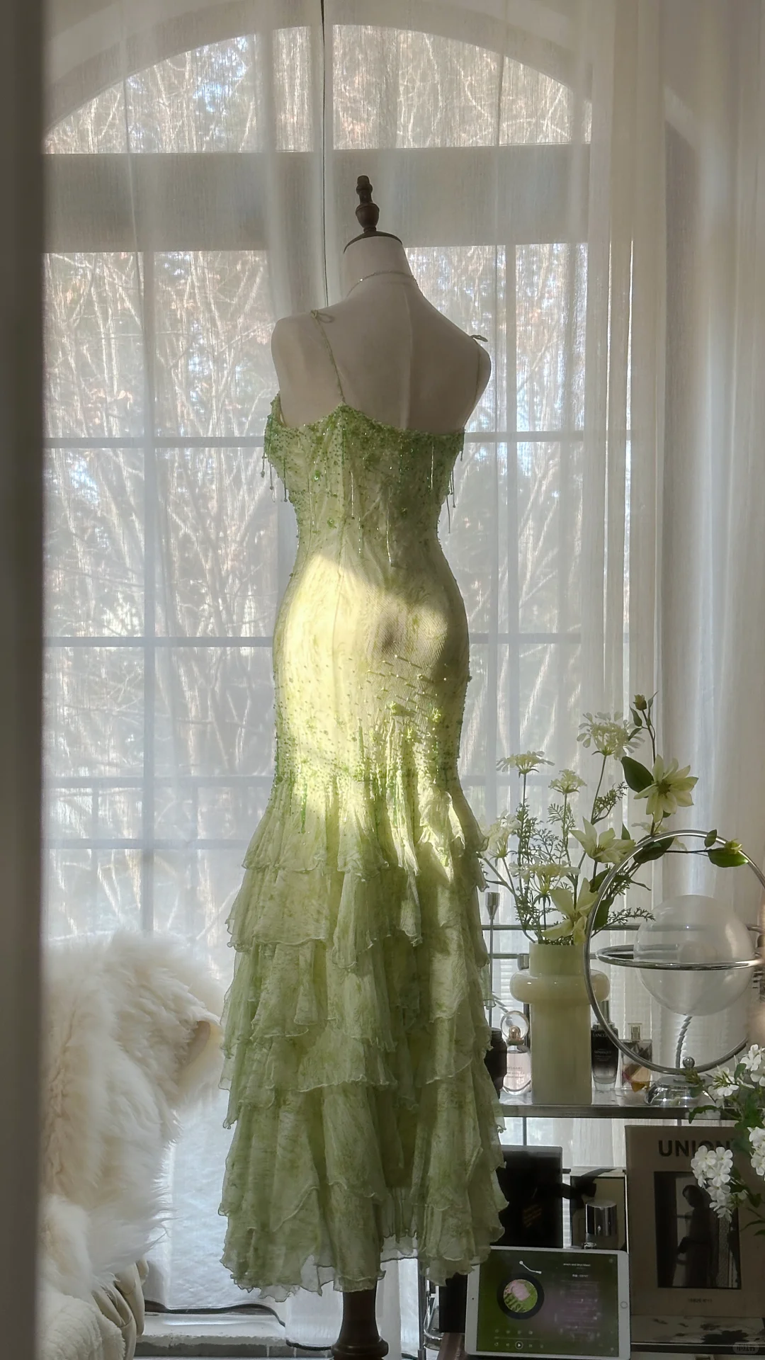 Elegant Green Fairy Mermaid Long Chiffon Spaghetti Strap Evening Dress Prom Dresses D1496