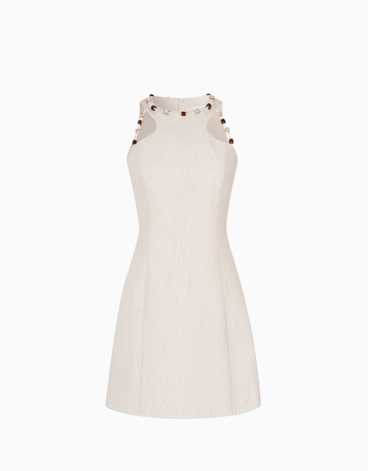 French style high-end holiday style beige round neck waist slim petite A-line dress R3344