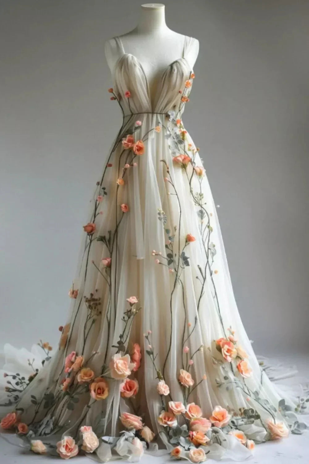 Deep V Neck Wedding Dresses 3D Flowers Appliques Tulle A-Line Prom Gown
