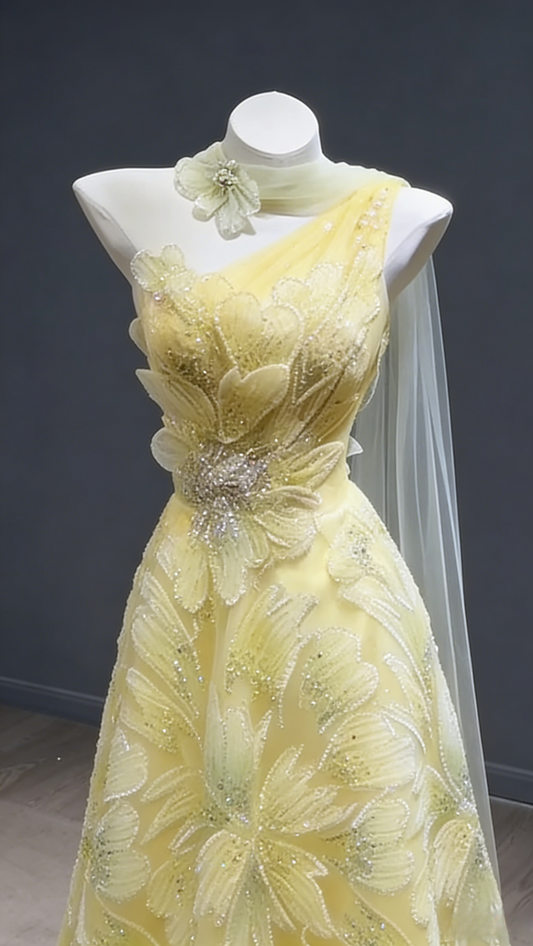 Fairy A-Line Yellow Long Prom Dresses Tulle Beaded One-shoulder Evening Dresses Sleeveless Birthday Dresses DP04636