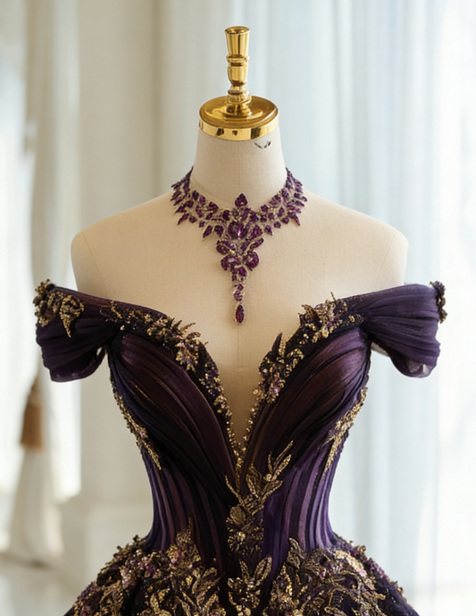 Gorgeous A-Line Long Prom Dresses Tulle Applique Purple Quinceanera Dresses Off-shoulder Birthday Dresses DP04675
