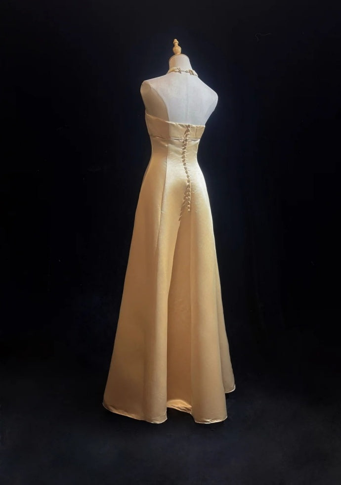 Chic Champagne Bridesmaid Dress Satin Sheath Evening Dress Sleeveless DP05208-1