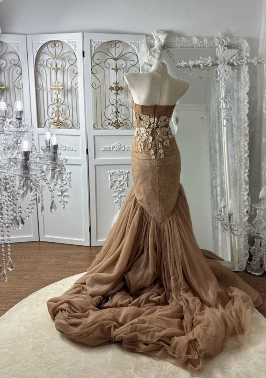 Gorgeous Chocolate Brown Prom Dress Tulle Applique Mermaid Evening Dress DP05114