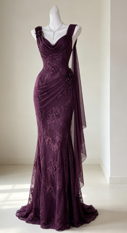 Glam Purple Prom Dress Straps Sheath Chiffon Beaded Long Evening Dress DP05737
