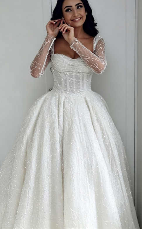 Ethereal Wedding Dress Ball Gown Square Neck Long Sleeves White Wedding Dresses Bridal Gowns DP1353
