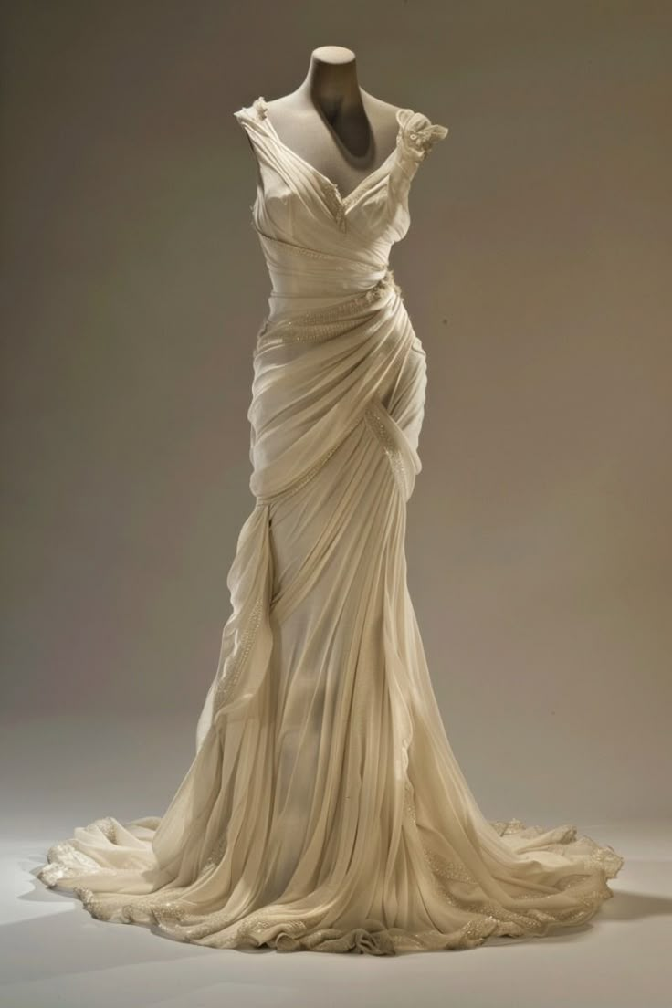 Elegant Ivory V Neck Mermaid Chiffon Retro Long Party Dress Evening Gown, D868