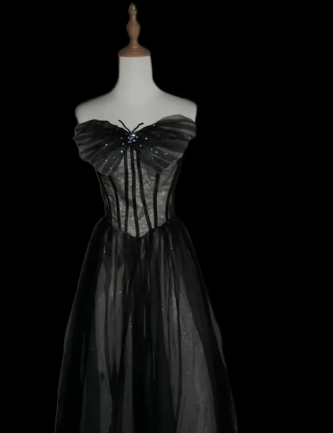 Dreamy Black A-Line Strapless Butterfly Tulle Long Ball Gown/Evening Dresses