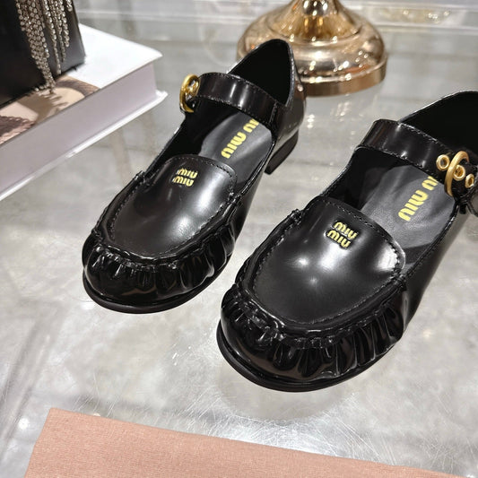 Miu Mary Jane Ballet Flats Black Calfskin 592043