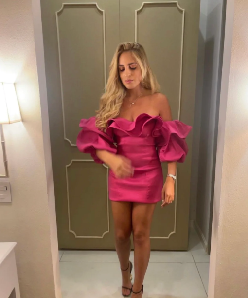 Off Shoulder Satin Pink Short Prom Dress, Pink Homecoming Dress S3565