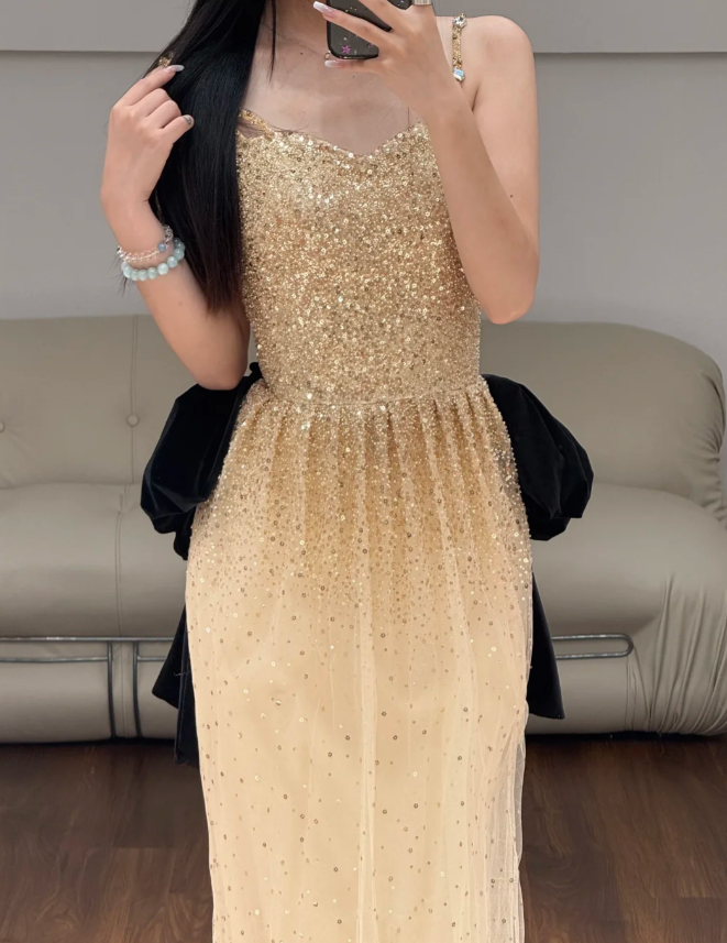 Gold Sequin Prom Party Dress Birthday Outfit Shiny Evening Dress fg8638