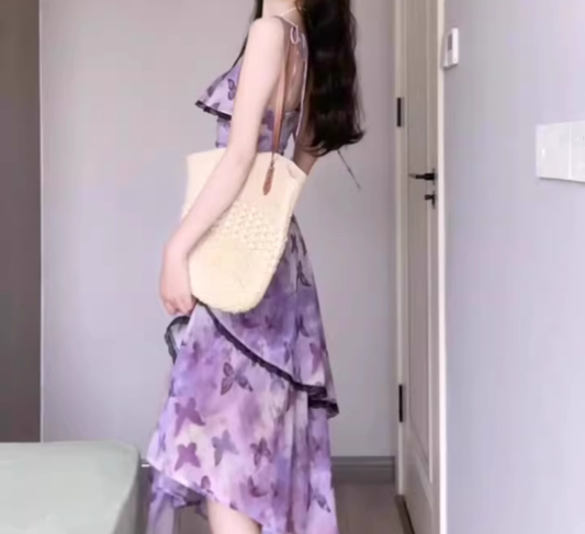 Purple oil painting floral suspender dress beautiful waist A-line long skirt R0749