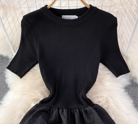 New round neck knitted waist slimming A-line jacquard dress elegant temperament long skirt R0362