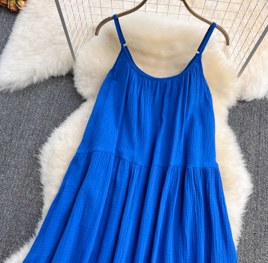 French style super fairy blue suspender skirt holiday dress slim petite loose travel beach skirt R0381