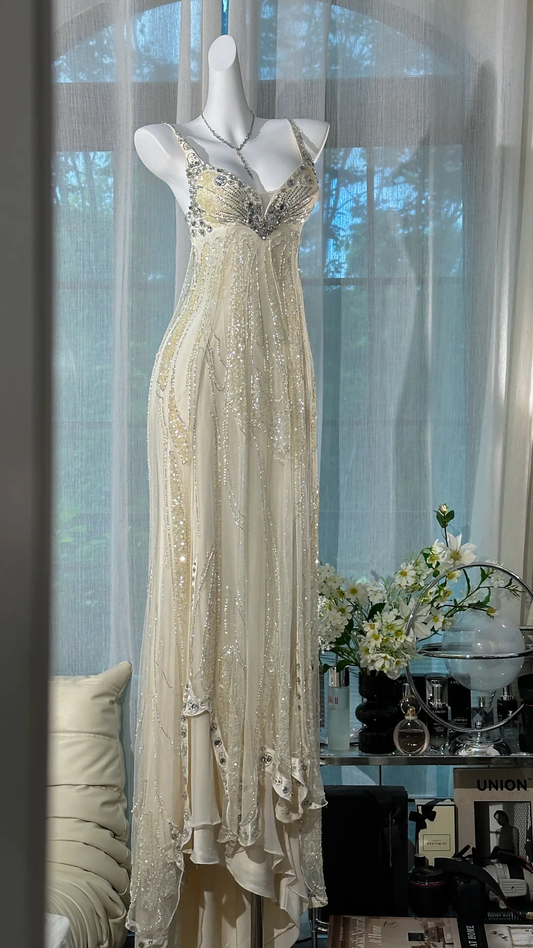 Gorgeous Shiny Beige Beaded Sequin Spaghetti Strap Design Chiffon Prom Dress Evening Dress D1704