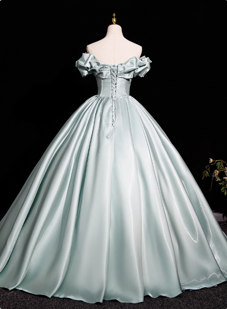 Elegant Mint Light Green Off-The-Shoulder Satin Ball Gown Evening Dresses Sweet 16 Dresses