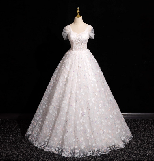 Elegant White 3D Floral Tulle Long Ball Gown Evening Dresses Sweet 16 Dresses