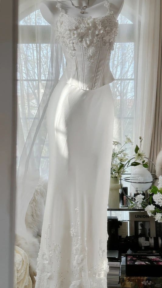 Elegant White Strap Herringbone Beaded Chiffon Evening Gown Prom Dresses