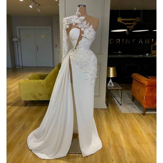 Exquisite Lace White Prom Dresses High Neck One Shoulder Long Sleeve Prom Gown Side Split Robes De Mari¨¦E