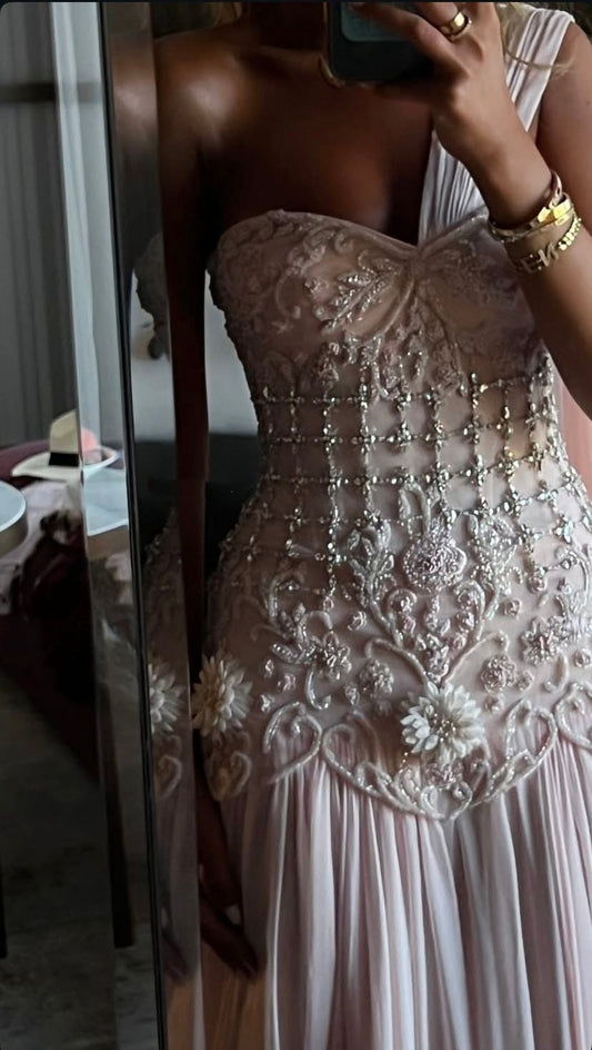 Exquisite Mermaid One Shoulder Pink Chiffon With Silver Beaded Prom Dress Long Prom Dresses 18Th Birthday Outfits Prom Gowns