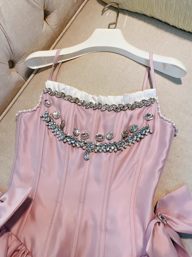 Chic Pink Spaghetti Strap Beading A-line V-neck Party Dresses Homecoming Dresses, D1339