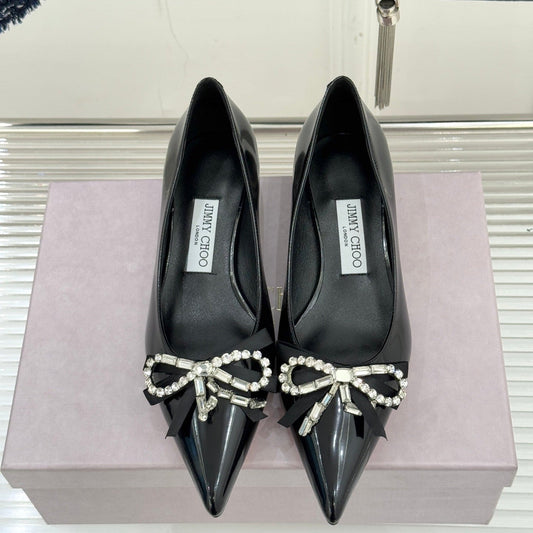 Jimmy Choo 26WF Pointed Toe Rhinestone Bow Chunky Heel Black in Sheepskin 573540