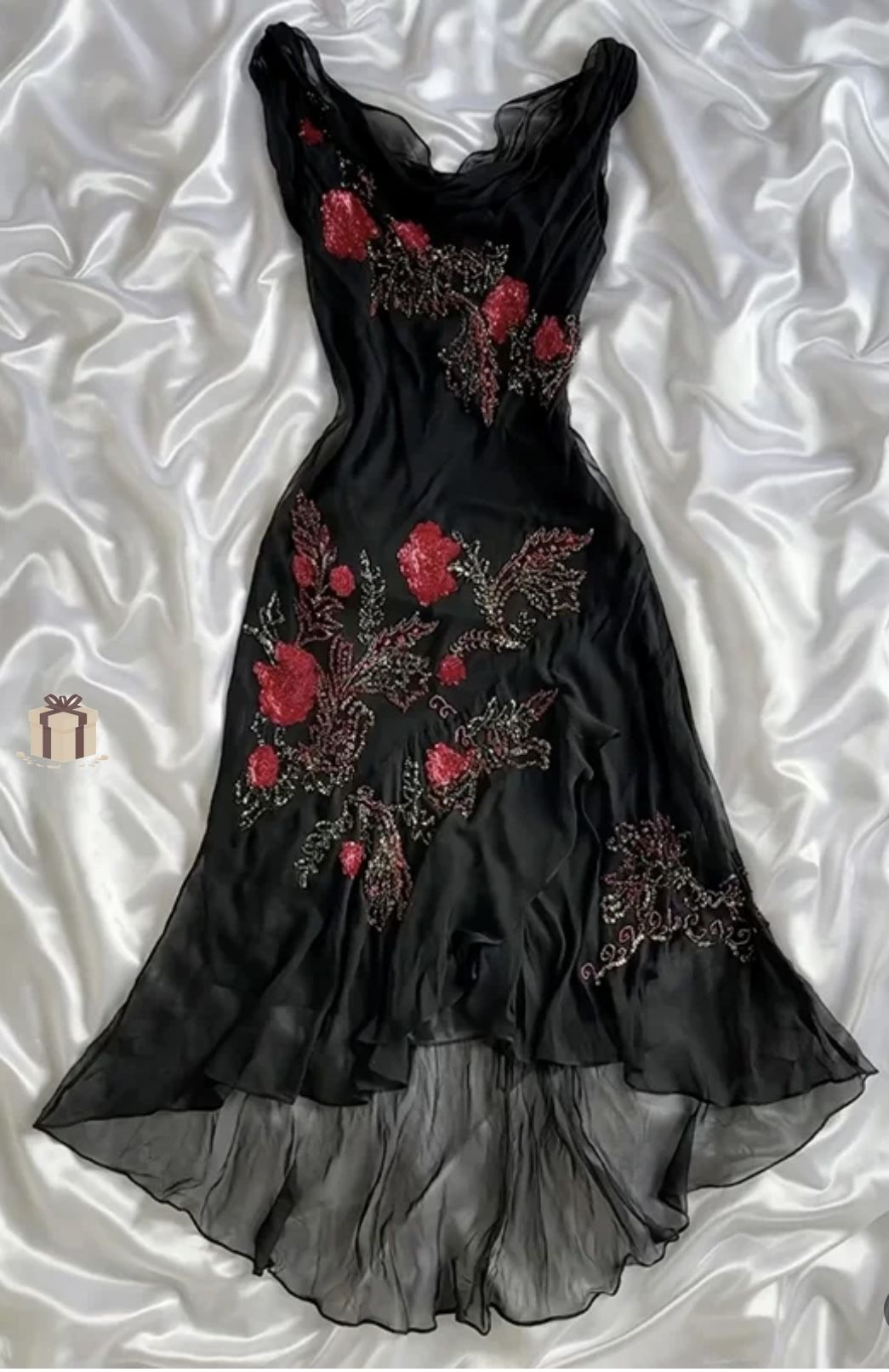 Black Long Prom Dress With Beaded Flower Retro Charming Evening Dress fg8263