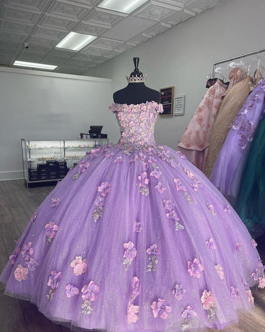 Appliqued Off Shoulder Shiny Elegant Tulle Ball Gown 3D Flowers Princess Evening Dress 15 Lovely c3098