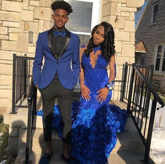 Sexy Mermaid Royal Blue African Long Sleeves Rose Flowers Long Prom Dresses Y1587