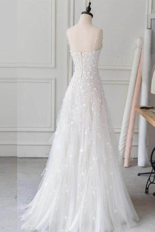 White Spaghetti Straps Lace Tulle Evening Dress, Floor Length Prom Dress with Beads M1804