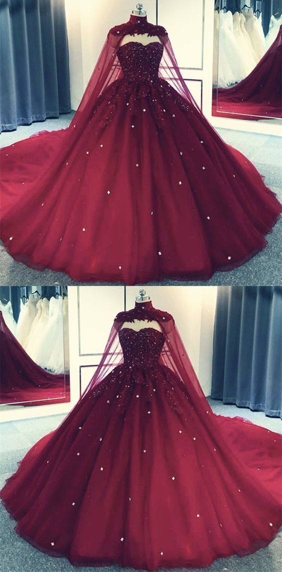 Glam Ball Gowns Quinceanera Dress Lace Applique Beaded Cape, Wine Red Prom Dresses Prom Gown
