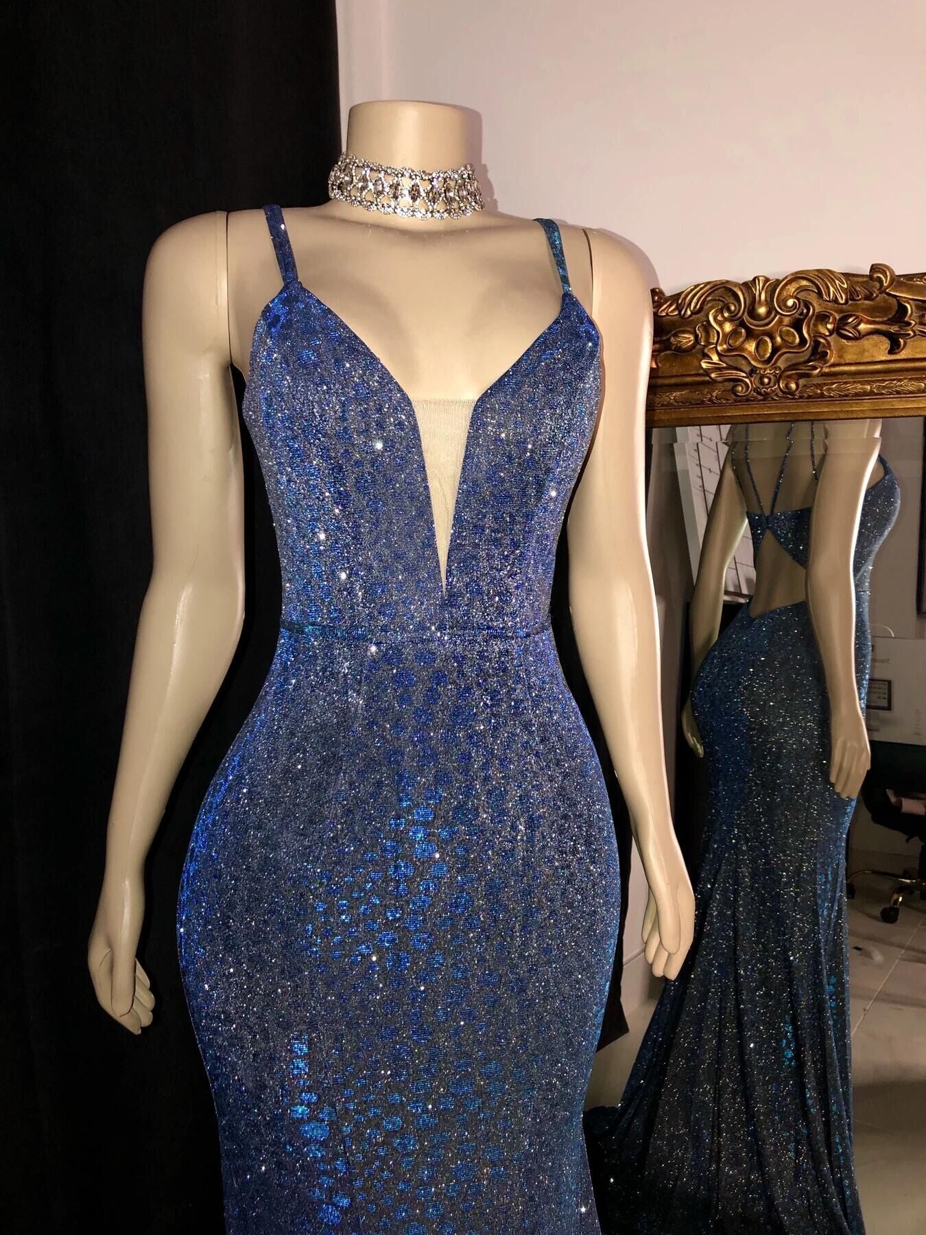 Glitter Mermaid Prom Dresses Long Spaghetti Straps V Neck Open Back Prom Gown
