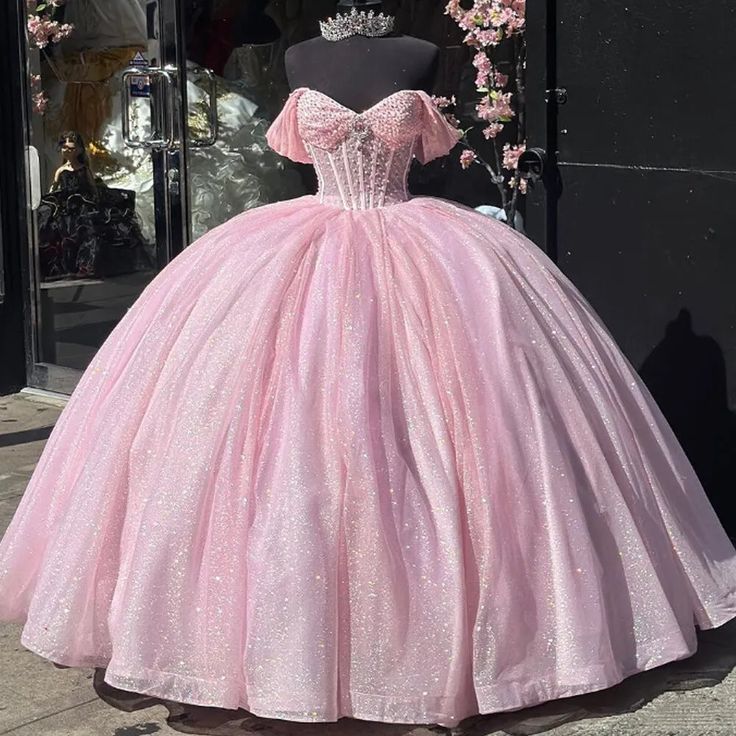 Glitter Pearls Pink Quinceanera Dress Ball Gown Sweet 15 16 Birthday Dresses