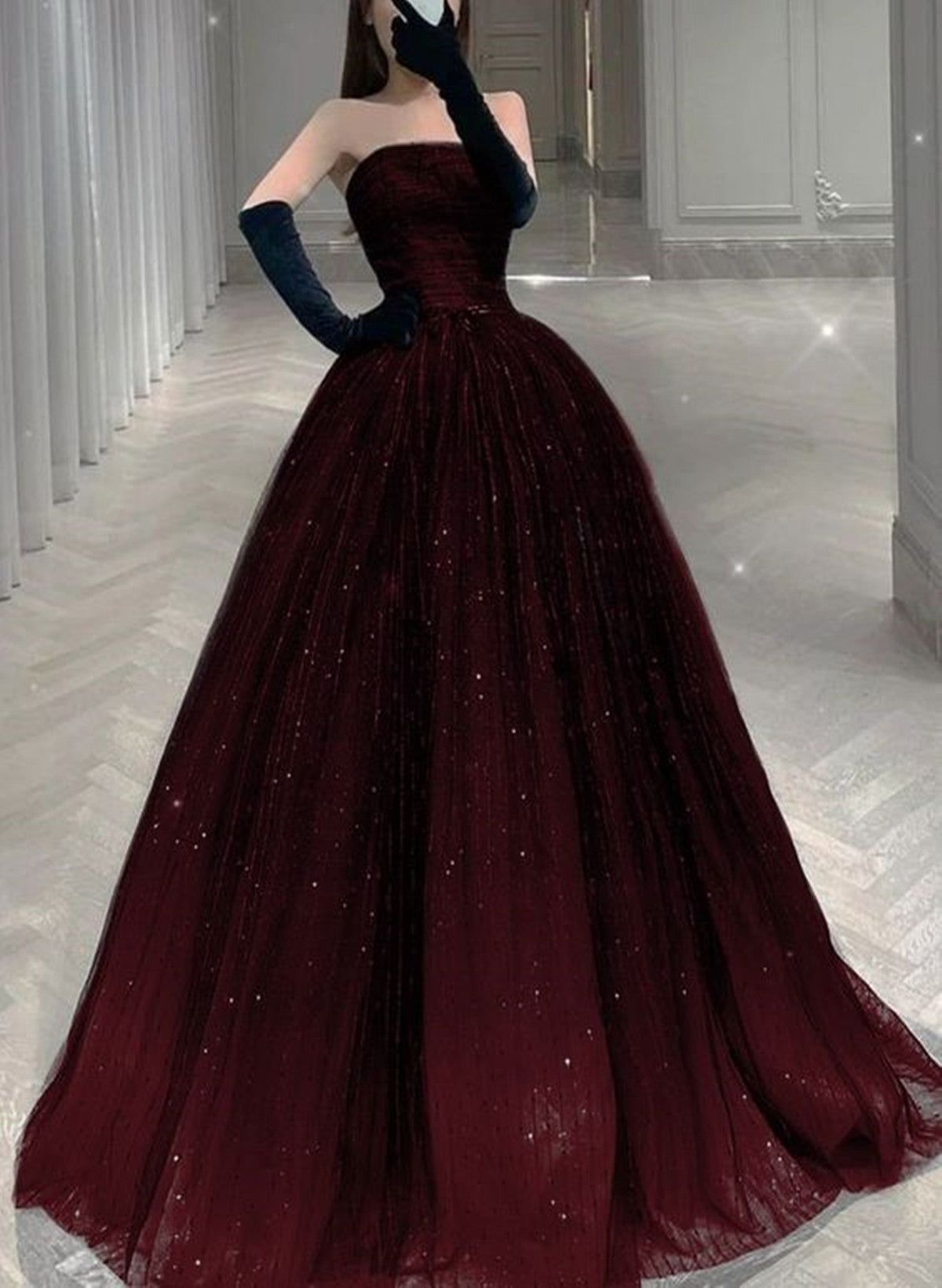 Gorgeous Black And Tulle Shiny Tulle Long Prom Dresses, Black And Red Prom Gowns