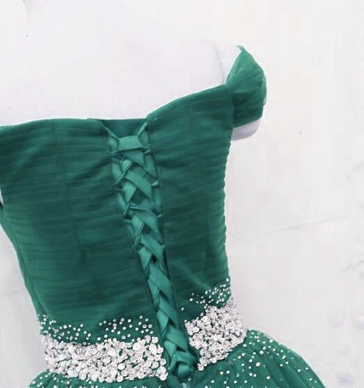 Gorgeous Dark Green Tulle Off Shoulder Long Prom Dresses, Prom Gowns