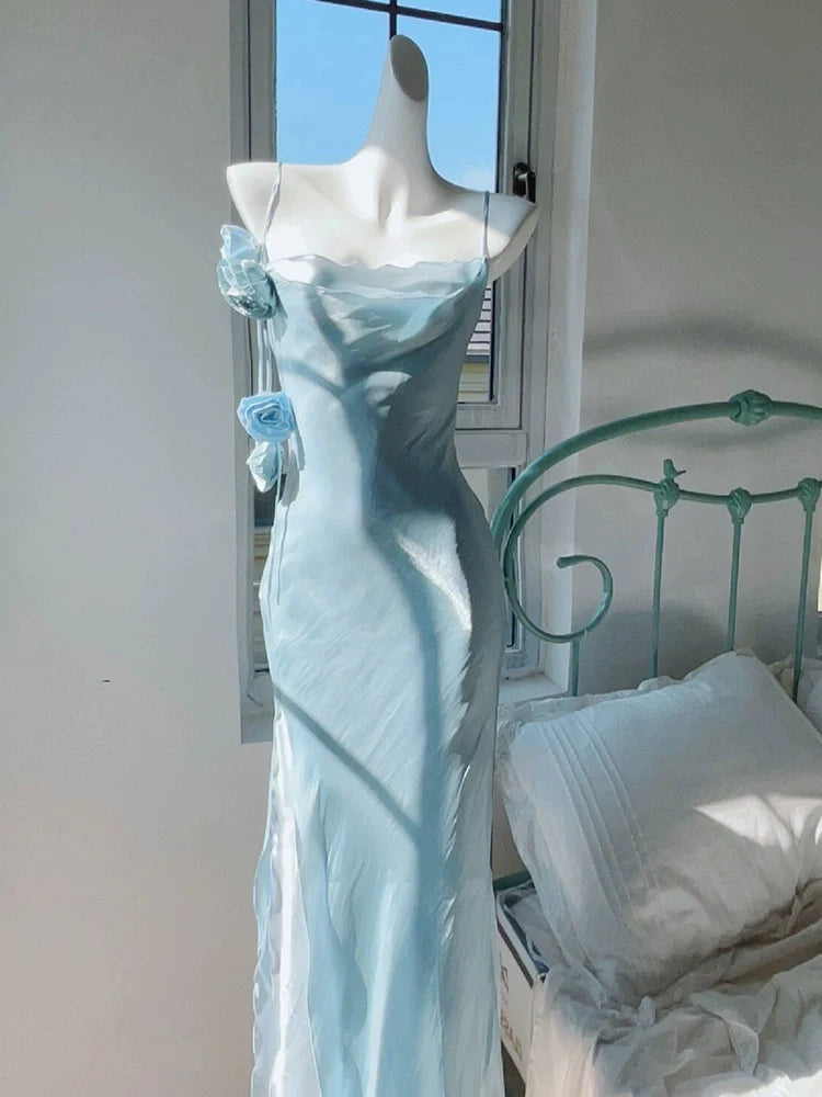 French style super fairy blue suspender dress women vintage princess long dress S5743
